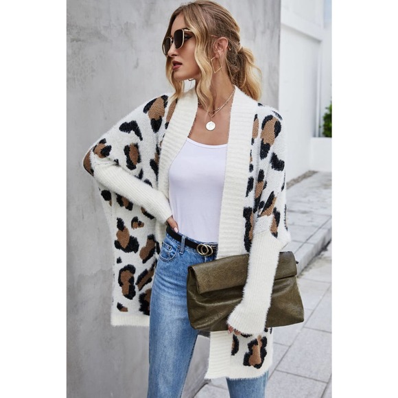 Leopard Batwing Sleeve Open Front Cardigan - Picture 3 of 11